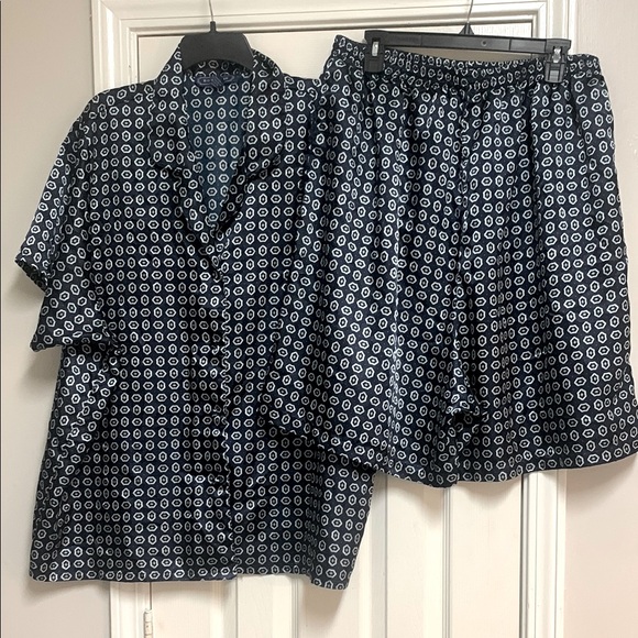 Esthete Dark Blue Two-Piece Pajama Set With A White Oval Pattern. - Picture 1 of 15